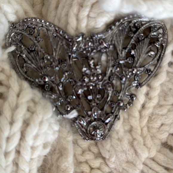 Anthropologie Sleeping On Snow Ivory Angora Knit Heart Pin Cardigan Size M - Picture 9 of 10